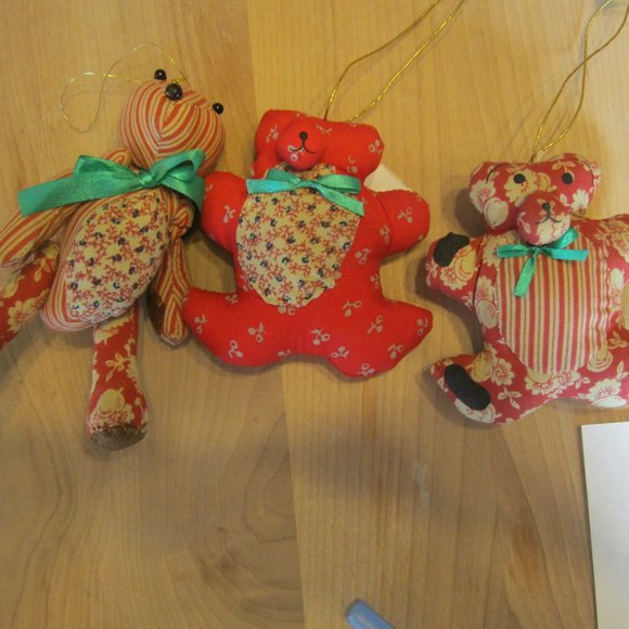 VTG 80'S KURT ADLER HONEY BEARS ORNAMENTS, CALICO FABRIC ORNAMENTS, SET OF 3, RU - Picture 1 of 10